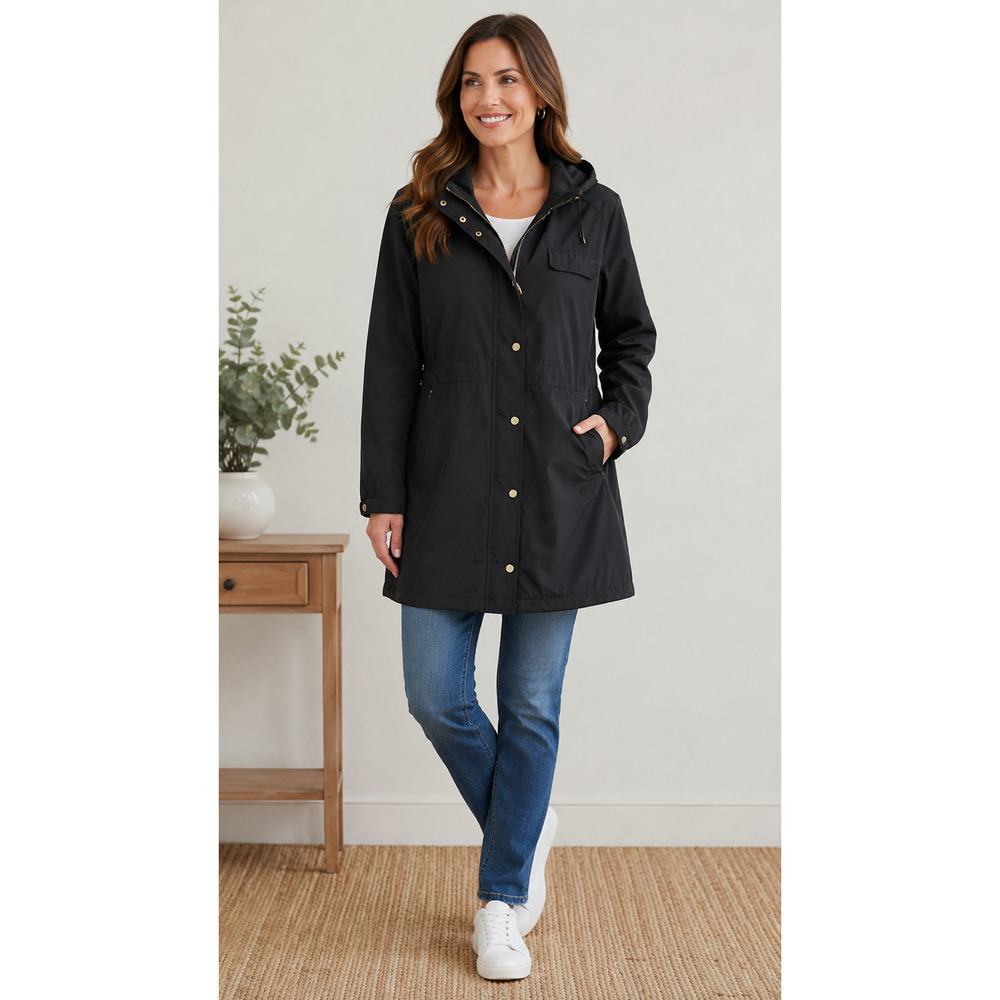 Calvin Klein Coat Womens Large Black Hooded Anorak Zip Pockets Lined Mid Length
